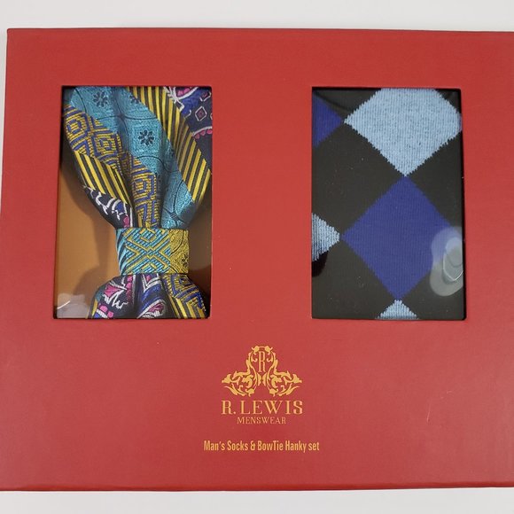 Robert Lewis Blue Bow Tie Hanky Socks Box 3 Set - Picture 6 of 7